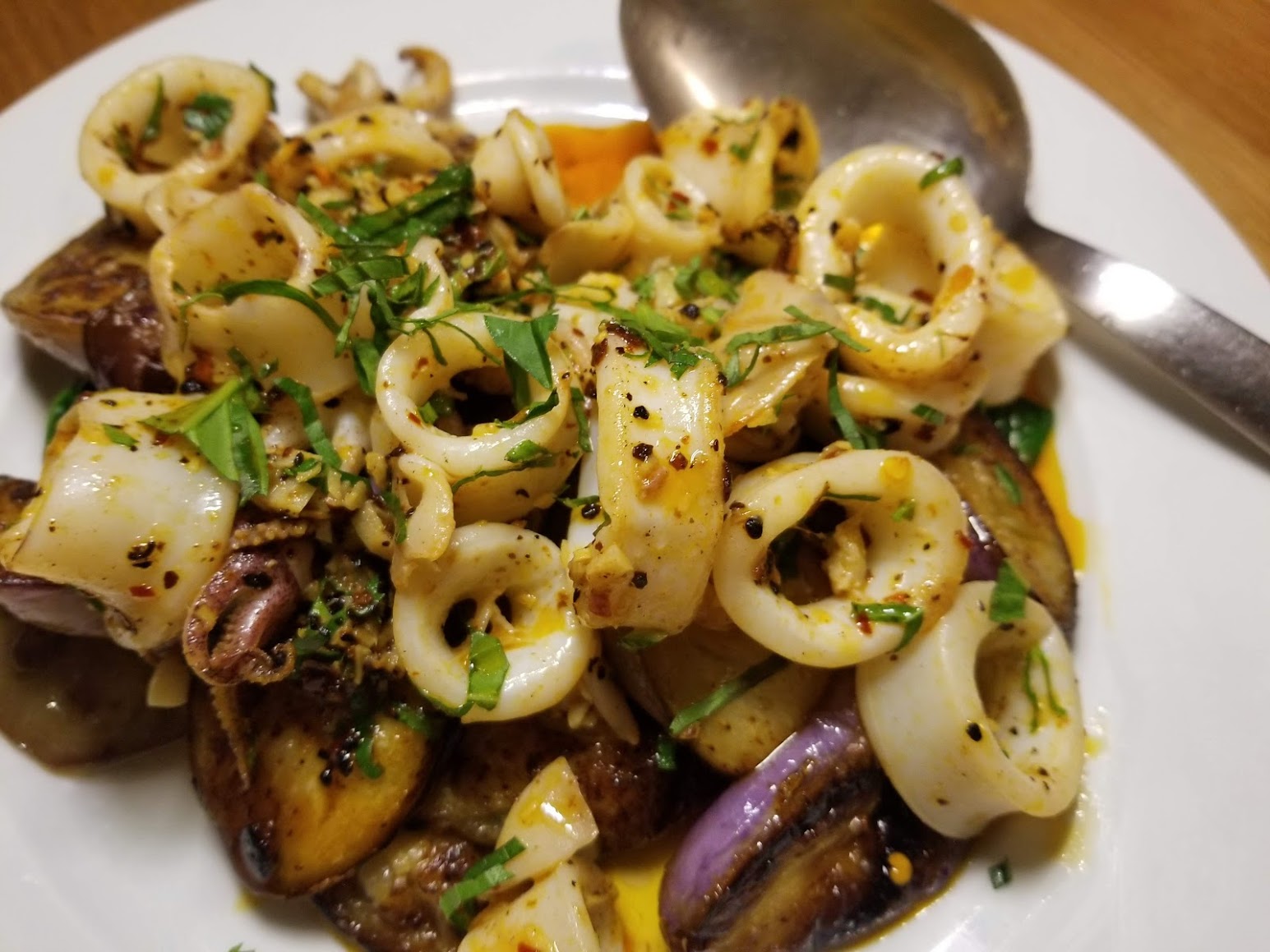 calamari with eggplant and chili oil